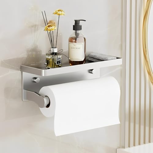 Silver Paper Towel Holder with Shelf, Wall Mount Paper Towel Holder for Bathroom Kitchen, Hand Towel Rack Holder,Paper Roll Holder with Self Adhesive & Screw,RV - color: Silver Pro, size: Pro