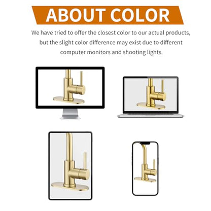 Tohlar Brushed Gold Bathroom Faucet with 2 Mode Sprayer | Bar Sink Faucet with Deck Plate for 1 or 3 Holes, 360° Swivel, with Pop Up Drain, for Vanity RV Laundry - color: Brushed Gold with Deck Plate
