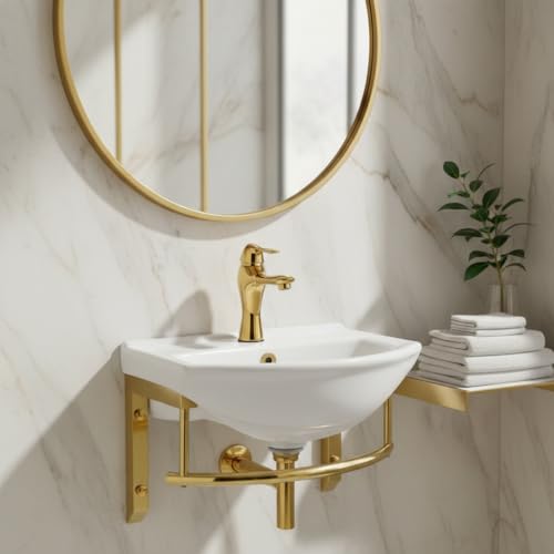 Renovators Supply Ridge 17 3/4 in. Wall Mount Bathroom Sink Combo Brass PVD | Grade A Vitreous China, Solid Brass Faucet, Pop Up Drain, Stainless Steel Towel Bar, Overflow - color: Brass