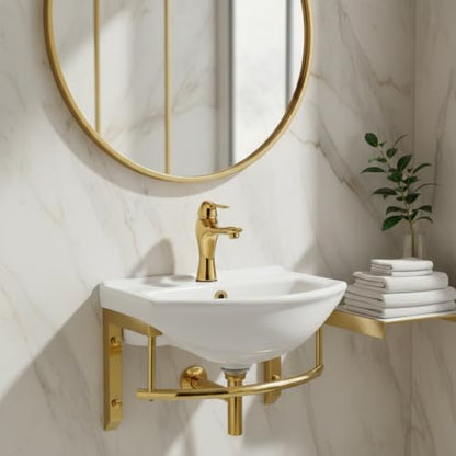 Renovators Supply Ridge 17 3/4 in. Wall Mount Bathroom Sink Combo Brass PVD | Grade A Vitreous China, Solid Brass Faucet, Pop Up Drain, Stainless Steel Towel Bar, Overflow - color: Brass