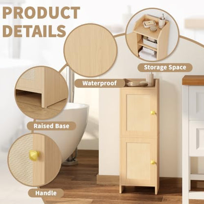 Rattan Narrow Bathroom Storage Cabinet, 7.9''D x 9.8''W x 29.5''H, Toilet Paper Storage Cabinet with 2 Doors & Adjustable Shelf, Space-Saving Bathroom Organizer for Small Spaces, Natural Oak