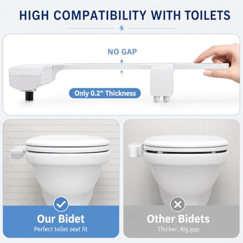 Ultra-Slim Bidet Attachment for Toilet, Non-Electric Dual Nozzle Bidet Toilet Seat Attachment with Frontal & Rear Wash, Self-Cleaning Retractable Nozzles, Adjustable Water Pressure, White