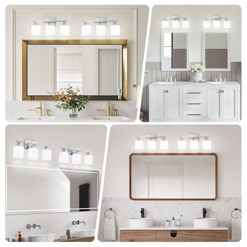Brushed Nickel Bathroom Light Fixture, Anti-Rust Finish 3 Light Vanity Lights for Bathroom, Bath Lights with Milky White Frosted Glass Shades, E26 Socket - color: Nickel & Milky White Glass, size: 3-Light