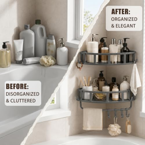Shower Caddy Hanging Gray, 2 Pack Rustproof Adhesive Corner Shower Shelves | 40 Lb Secure Hold, Powder-Coated Stainless Steel, Fast-Draining Wire Baskets, 5 Removable Hooks, Fit 90-Degree Tile and Glass