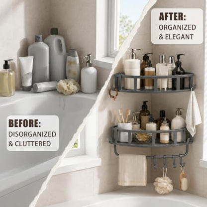 Shower Caddy Hanging Gray, 2 Pack Rustproof Adhesive Corner Shower Shelves | 40 Lb Secure Hold, Powder-Coated Stainless Steel, Fast-Draining Wire Baskets, 5 Removable Hooks, Fit 90-Degree Tile and Glass