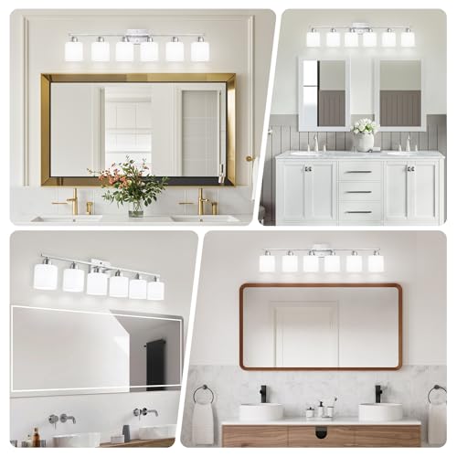 Large Bathroom Vanity Light Fixture, 6 Light Anti-Rust Finish with Milky White Frosted Glass Shades, 38 Inch Bath Light Above Mirror Light Fixture - color: Nickel & Milky White Glass, size: 6-Light