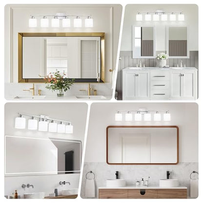 Large Bathroom Vanity Light Fixture, 6 Light Anti-Rust Finish with Milky White Frosted Glass Shades, 38 Inch Bath Light Above Mirror Light Fixture - color: Nickel & Milky White Glass, size: 6-Light