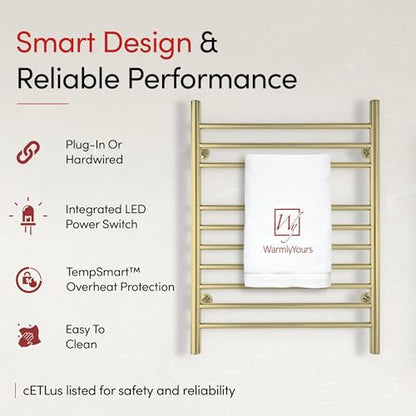 Heated Towel Rack, 10-Bar Wall-Mounted Electric Towel Warmer, Polished Gold, Plug-in or Hardwired, Luxury Bathroom Accessory for Warm, Dry Towels (WarmlyYours Infinity) - color: Polished Gold