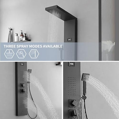 Bathroom Shower Panel Shower Tower System with 100 Body Massage Nozzle Jets, Shower Wall Panels Rainfall Shower Head with Temperature Display, Stainless Steel, Black