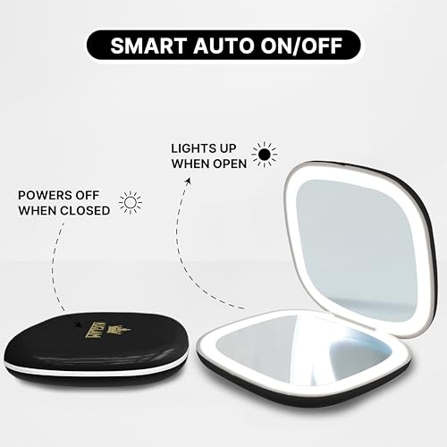 Compact LED Mirror, 3.9 inches 1X &10X Magnification, Auto ON/Off, USB Charging, 3 Light Setting & Dimmable, (Black) - color: Black