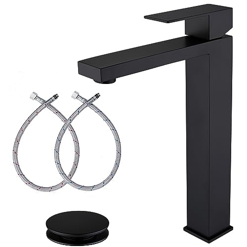 Matte Black Vessel Sink Faucet, Single Hole Tall Bathroom Faucet | Stainless Steel 1 Hole Black Matte Faucet for Bathroom Sink, Tall Vanity Faucet with Pop Up Drain - color: Matte Black, size: Tall