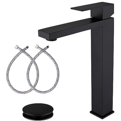 Matte Black Vessel Sink Faucet, Single Hole Tall Bathroom Faucet | Stainless Steel 1 Hole Black Matte Faucet for Bathroom Sink, Tall Vanity Faucet with Pop Up Drain - color: Matte Black, size: Tall
