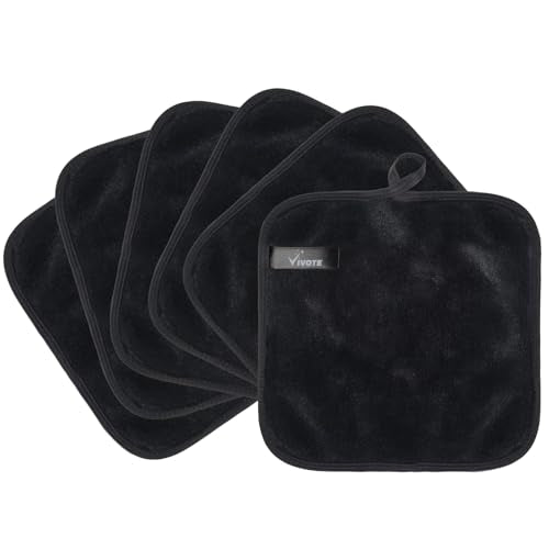 VIVOTE Makeup Remover Cloth Black Microfiber Washcloths 6 Pack Towels | 20CMX20CM Reusable Makeup Remover Towels and Eraser Cloths for Face Cleansing. Soft Microfiber Pads for Women