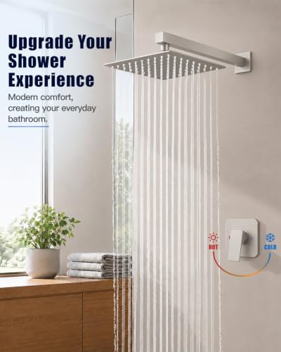 Heyalan 10 Inch Square Rain Shower Faucet Set with Valve, Brushed Nickel | Female-thread 1/2-inch NPT connections, SUS304 shower head, brass rough-in valve, single-handle control Shower Set - color: Nickel, size: 10 Inch Square Shower Head