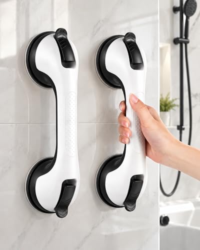 Gel-Enhanced Grab Bars for Shower, 2PK Suction Bars for Seniors | No-drill setup, Enhanced gel suction, Shower/tub/toilet support, Anti-slip grip, Removable & reusable, Smooth surfaces - color: Black/White