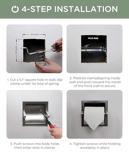 FORIOUS Recessed Toilet Paper Holder for Mega Rolls, Brushed Nickel | Stainless Steel Tissue Roll Holder Wall Mount for Bathroom Space-Saving Design, in Wall Toilet Paper Dispenser Insert - color: Stainless Steel