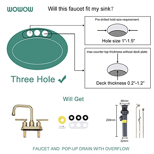 WOWOW Brushed Gold Bathroom Faucet 4 inch Bathroom Sink Faucet 3 Hole RV Sink Tap 2 Handle Vanity Taps with Drain Assembly Centerset Lavatory Mixer 360-Degree Swivel Spout - color: Brushed Gold, style: Centerset - 4 Inch