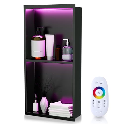 Vercraft 24'' x 12'' LED Light Stainless Steel Shower Niche with RGB Colorful Remote Control Matte Black No Tile Needed Wall Niche Insert Recessed Double Shelves for Bathroom Storage