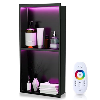 Vercraft 24'' x 12'' LED Light Stainless Steel Shower Niche with RGB Colorful Remote Control Matte Black No Tile Needed Wall Niche Insert Recessed Double Shelves for Bathroom Storage
