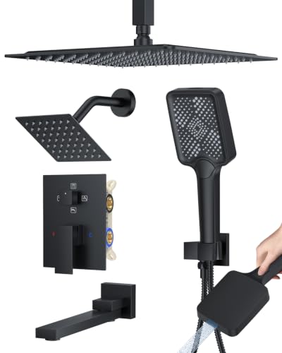 Woindo 4 Function Shower Faucet Set 12" Rain Shower Head/6'' Side Shower Head and 3 Setting Handheld Ceiling Mount Push Button Diverter Complete Rainfall Round Shower System Included Valve Trim Kit - color: Matte Black, style: 4-Function-Ceiling