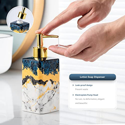 4 Piece Bathroom Accessories Set - Blue Bathroom Accessory Sets Includes Lotion Dispenser, Toothbrush Holder Tumbler, and Soap Dish - Glossy Finish (Marble, Blue) - color: Blue