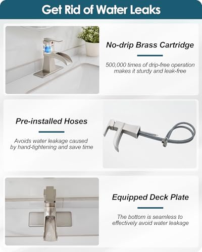 Single Hole Bathroom Faucet 3 Hole (4 Inch), Brass Waterfall Faucet Single Handle, Bathroom Faucets Brushed Nickel Bathroom Sink Faucet with Deck Plate & Pre-Install Hoses Without Pop-up Drain - color: Brushed Nickel - Classic