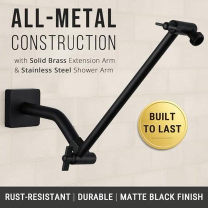 G-Promise 11 Inch Shower Extender with 6 Inch Arm and Flange(Matte Black) | Solid Brass Construction, Height and Angle Adjustable, Standard Connection Thread, All Installation Tools Included - color: Matte Black, style: 11 Inch