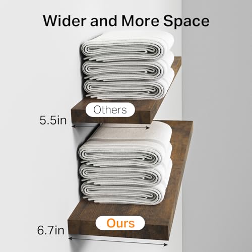 BAYKA Rustic Brown Floating Bathroom Shelves, 15.7in, 3Pk, Wall Mount Shelf | Metal Mesh Storage Basket, Easy Install, 22lbs Max Load, Hidden Bracket, for Over Toilet Bedroom Decor, Multi-Wall Compatible