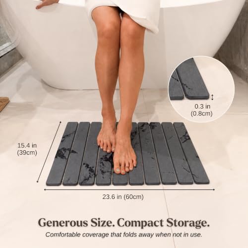 Foldable Stone Bath Mat, Diatomaceous Earth Quick Dry Non-Slip Design | Bathroom Floor & Shower Use, Jointed Panel Construction, High Absorption Surface, Space-Saving Storage, Grip Pad Included - color: Dark Gray