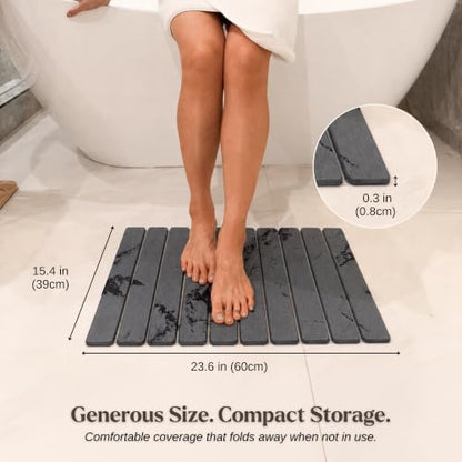 Foldable Stone Bath Mat, Diatomaceous Earth Quick Dry Non-Slip Design | Bathroom Floor & Shower Use, Jointed Panel Construction, High Absorption Surface, Space-Saving Storage, Grip Pad Included - color: Dark Gray