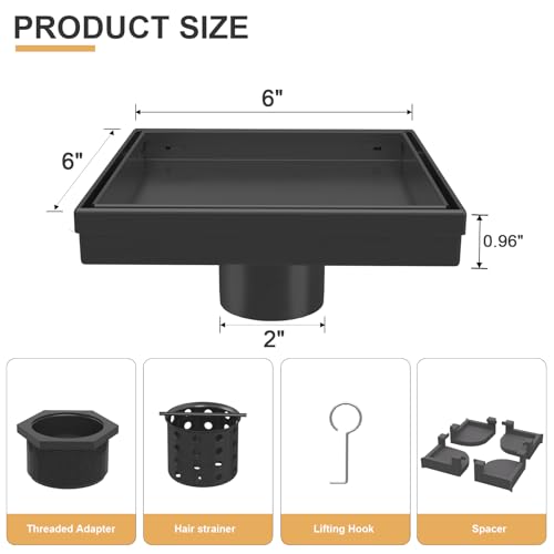 Linear Shower Drain - 6 Inch Matte Black, with Tile Insert Panels | AISI 304 Stainless Steel Shower Drain with Adjustable Feet, Hair Catcher, Rectangle Shower Floor Drain Fits Bathroom, Balcony - color: Matte Black, size: 6 Inch