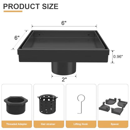 Linear Shower Drain - 6 Inch Matte Black, with Tile Insert Panels | AISI 304 Stainless Steel Shower Drain with Adjustable Feet, Hair Catcher, Rectangle Shower Floor Drain Fits Bathroom, Balcony - color: Matte Black, size: 6 Inch