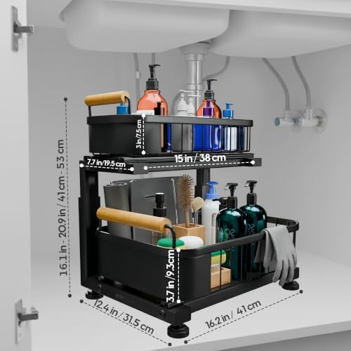 Premium Large Under Sink Organizer, 2-Tier Pull Out, Adjustable | Heavy-duty carbon steel, 7 adjustable heights and smooth ball-bearing sliding baskets for kitchen and bathroom cabinets
