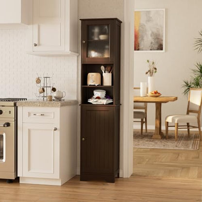 Gizoon Tall Bathroom Storage Cabinet | Freestanding Linen Cabinet with Two-Way Doors, Adjustable Shelves, for Home, Kitchen, Living Room, Dark Brown - color: Dark Brown