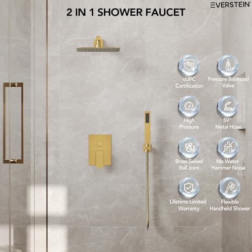 10" High-Pressure Rainfall Shower System with Handheld Spray, Wall Mount Bathroom Shower Faucet Set with Valve (Brushed Gold) - color: Brushed Gold