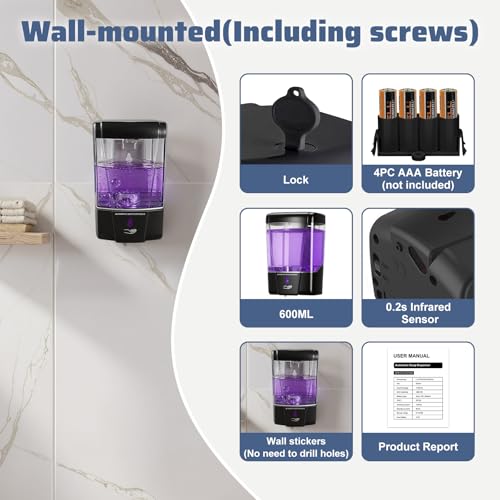 4 Pack Automatic Soap Dispenser Wall Mount,Touchless Liquid Soap Dispenser,Battery Operated,600 ml / 20 oz Commercial Hand Detergent Dispenser for Office Home Kitchen School Bathroom Hotel Restaurant - color: Black