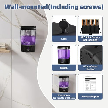 4 Pack Automatic Soap Dispenser Wall Mount,Touchless Liquid Soap Dispenser,Battery Operated,600 ml / 20 oz Commercial Hand Detergent Dispenser for Office Home Kitchen School Bathroom Hotel Restaurant - color: Black