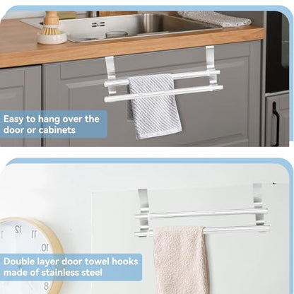 Kitchen Retractable Towel Holder, Stainless Steel Adjustable Double Over Cabinet Door Drying Kitchen Towels Hanger Bar Rack for Homes, Apartments, Condos Bathroom or Kitchen