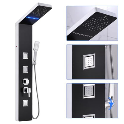 ELLO&ALLO Stainless Steel Shower Panel Tower System, LED Rainfall Head Rain Massage System with Body Jets, Black and Slive - color: Black and Slive