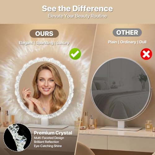 Crystal Vanity Mirror, 11" Silver LED Makeup Mirror, 3CCT Touch | Crystal Vanity Mirror with 2700K/4000K/6500K CCT, 10%-100% Dimming, Touch Control, and Adjustable Angle for Makeup Stations - size: 13.4"L x 11.8"W