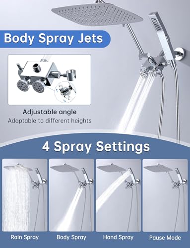 All Metal 12 Inch Shower Head with Body Spray Jets and Handheld (Chrome) | All Metal Construction, Equipped with Body Spray Jets, 14 Inch Adjustable Extension Arm,Power Wash Function Hand Shower - color: Chrome