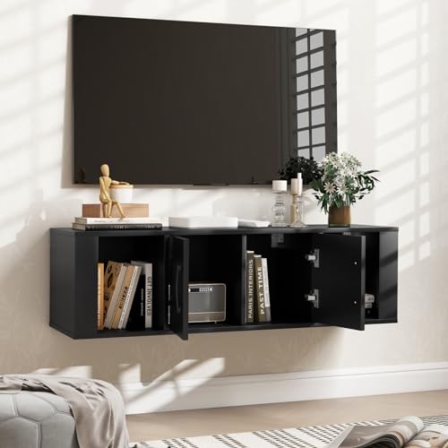 Giantex Wall Mounted Storage Cabinet 2 Cube Floating Media Hanging Desk W/2 Doors and 2 Open Shelves, Home Office Furniture for Kitchen, Bathroom, Living Room Floating Console Hutch (Black) - color: Black