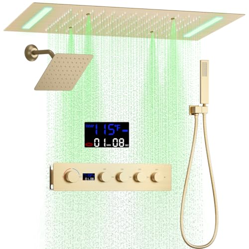 Bathroom Shower System,4 Functions Digital Temperature Display Diverter Valve,Ceiling 14x20" 2-Function Shower Head and 8 inch Wall Mounted Shower Head Combo,Handheld Shower Brushed gold - color: Brushed gold