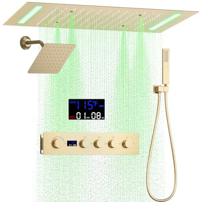Bathroom Shower System,4 Functions Digital Temperature Display Diverter Valve,Ceiling 14x20" 2-Function Shower Head and 8 inch Wall Mounted Shower Head Combo,Handheld Shower Brushed gold - color: Brushed gold