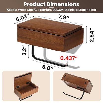 Toilet Paper Holder with Acacia Wood Shelf - Wall Mount & Self-Adhesive Bathroom Tissue Roll Holder, Black Stainless Steel with Storage - Home Apartment Restroom - color: Walnut & Matte Black Storage