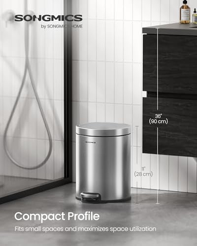 SONGMICS Bathroom Trash Can, 1.6 Gallon (6 L) Small Toilet Garbage Bin with Lid, Soft-Close, Stainless Steel, Pedal, Inner Bucket, Bedroom, Metallic Silver ULTB016EZ01 - color: Metallic Silver