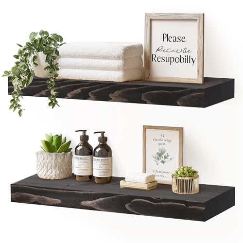 Solid Wood Floating Shelves, 17 Inch Wall Shelves, Set of 2, Black | 8 Inch Deep, 1.6 Inch Thick, Extra-Wide Display Space, Mounting Hardware Included, For Kitchen, Bathroom and Living Room - color: Black, size: 17x8x1.6