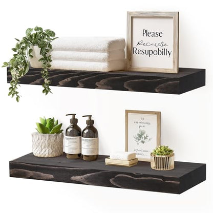 Solid Wood Floating Shelves, 17 Inch Wall Shelves, Set of 2, Black | 8 Inch Deep, 1.6 Inch Thick, Extra-Wide Display Space, Mounting Hardware Included, For Kitchen, Bathroom and Living Room - color: Black, size: 17x8x1.6