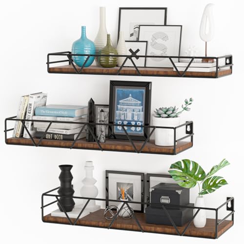 Floating Shelves Set of 3, Wood Wall Shelf, Farmhouse Shelf for Bedroom | Wall Mounted Floating Shelf for Living Room, Bedroom, Bathroom, Kitchen, Office - color: Black