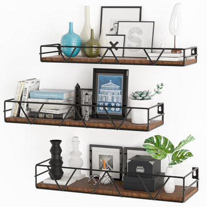 Floating Shelves Set of 3, Wood Wall Shelf, Farmhouse Shelf for Bedroom | Wall Mounted Floating Shelf for Living Room, Bedroom, Bathroom, Kitchen, Office - color: Black